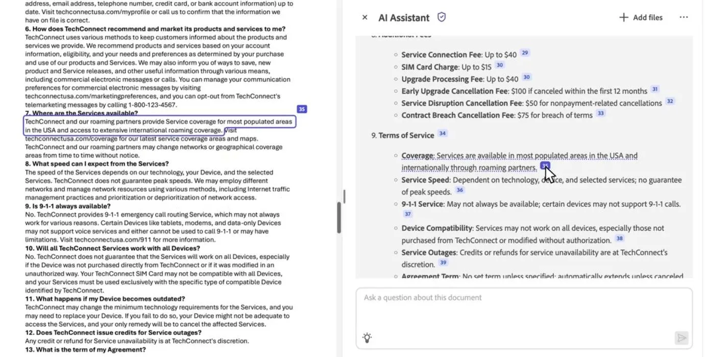 Adobe Acrobat AI trích dẫn thông tin từ hợp đồng đã tóm tắt