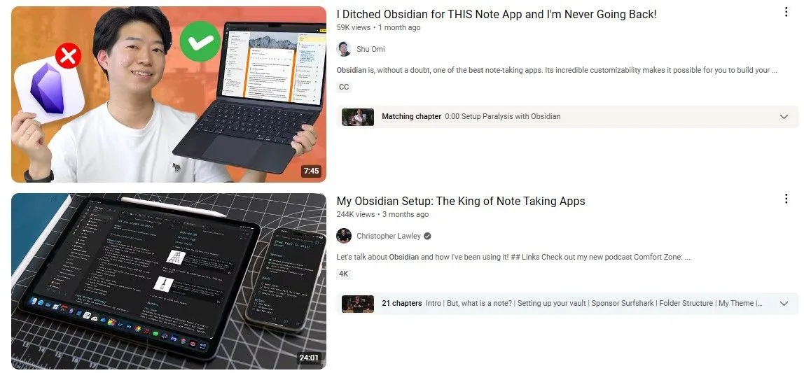 Ảnh chụp màn hình các video YouTube về Obsidian và quản lý kiến thức, phản ánh sự ảnh hưởng của các chuyên gia năng suất.