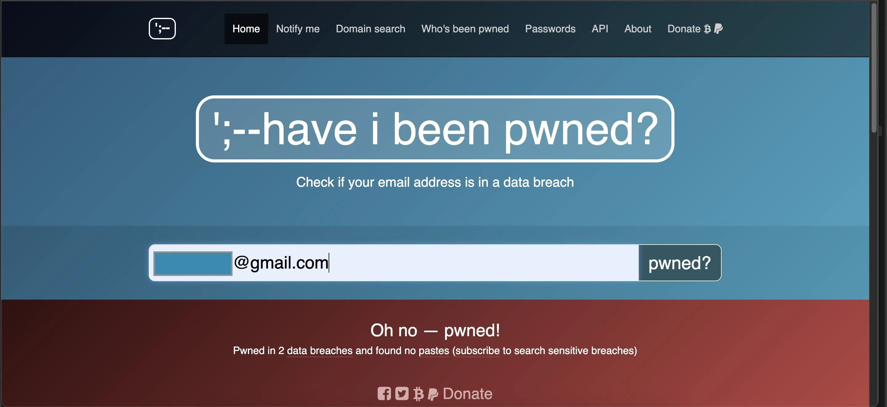 ảnh chụp màn hình kết quả haveibeenpwned