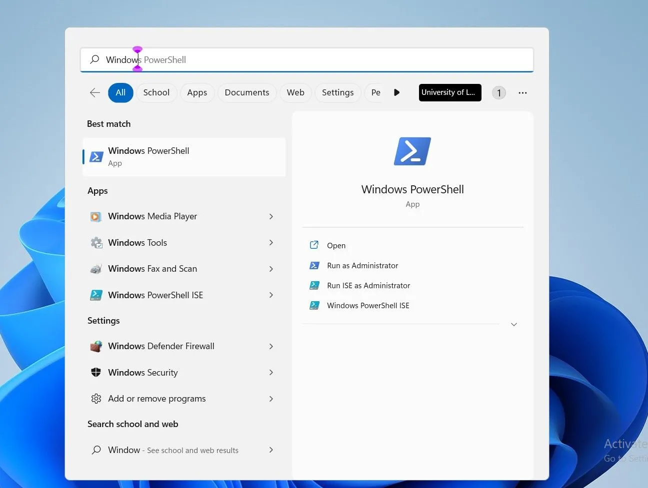 Ảnh chụp màn hình thanh tìm kiếm Windows hiển thị PowerShell, nhấn mạnh khả năng truy cập và tích hợp của công cụ