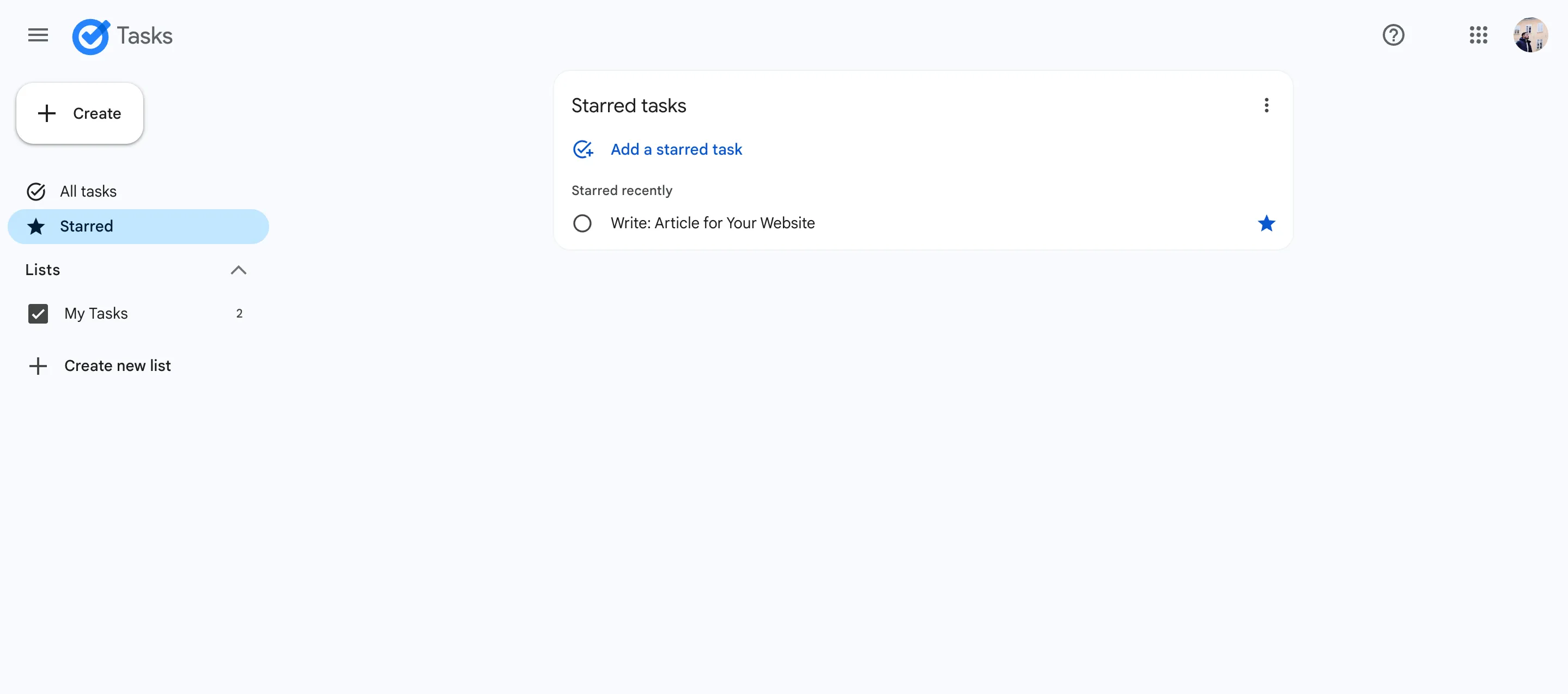 Ảnh chụp màn hình ứng dụng Google Tasks trên điện thoại hiển thị các nhiệm vụ được đánh dấu sao (Starred), minh họa tính năng ưu việt so với Apple Reminders.