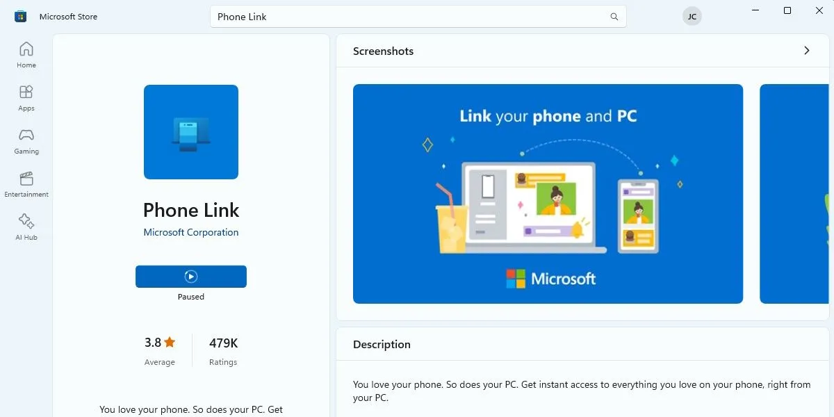 Ảnh chụp màn hình ứng dụng Microsoft Phone Link trong Microsoft Store, cho phép đồng bộ điện thoại với máy tính Windows.