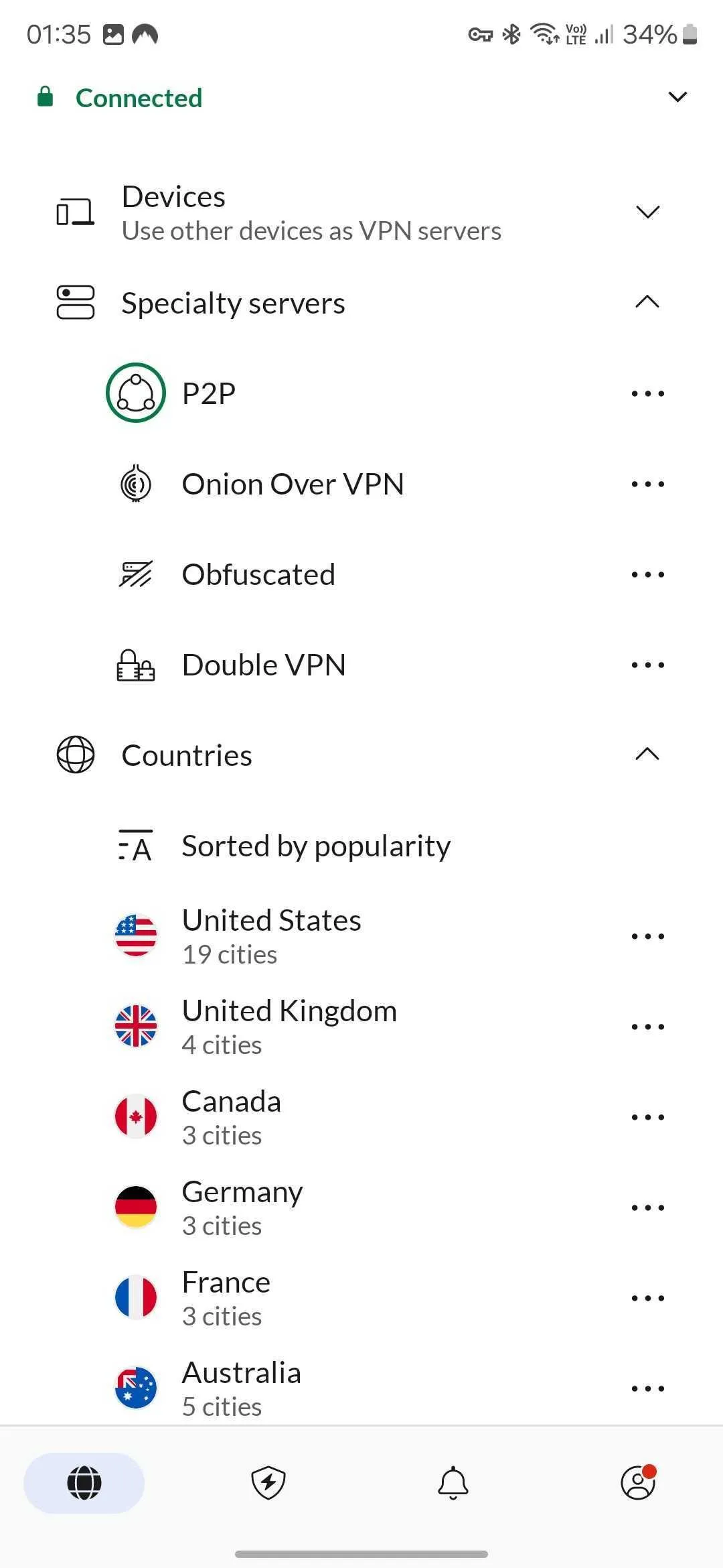 Ảnh chụp màn hình ứng dụng NordVPN trên điện thoại Android, cho thấy giao diện kết nối VPN và các tùy chọn bảo mật.