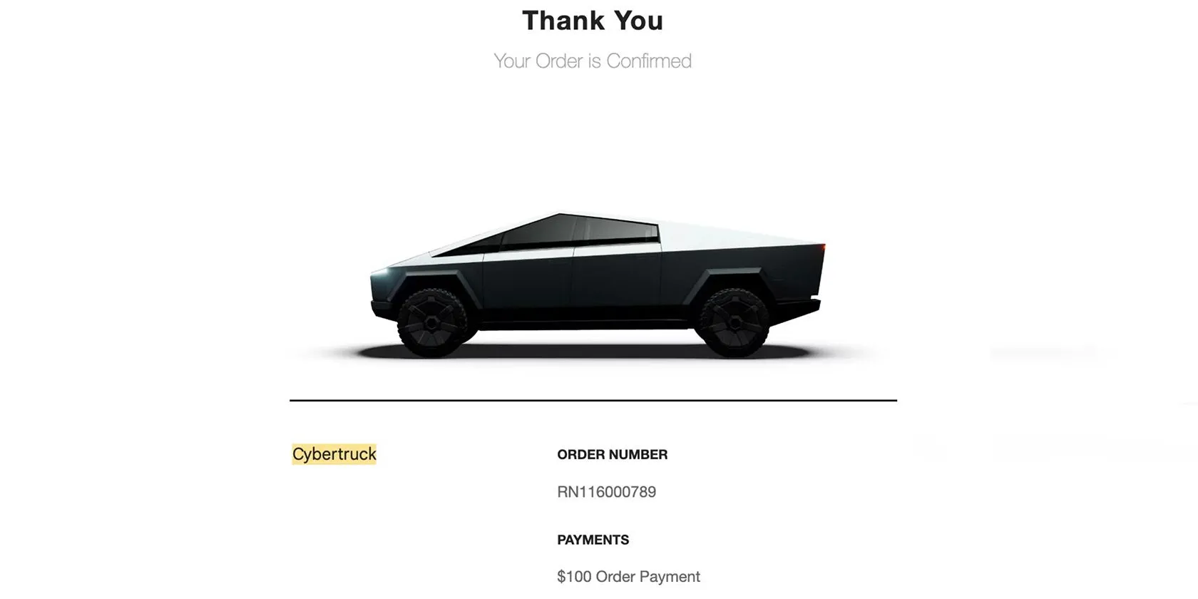 Ảnh chụp màn hình xác nhận đặt hàng Tesla Cybertruck, thể hiện rủi ro khi lưu trữ hóa đơn điện tử hoặc vé trực tuyến chứa thông tin nhạy cảm.