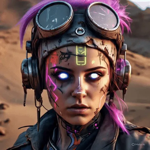 Ảnh GIF một phụ nữ cyberpunk trong sa mạc hoang tàn với chuyển động camera chậm rãi