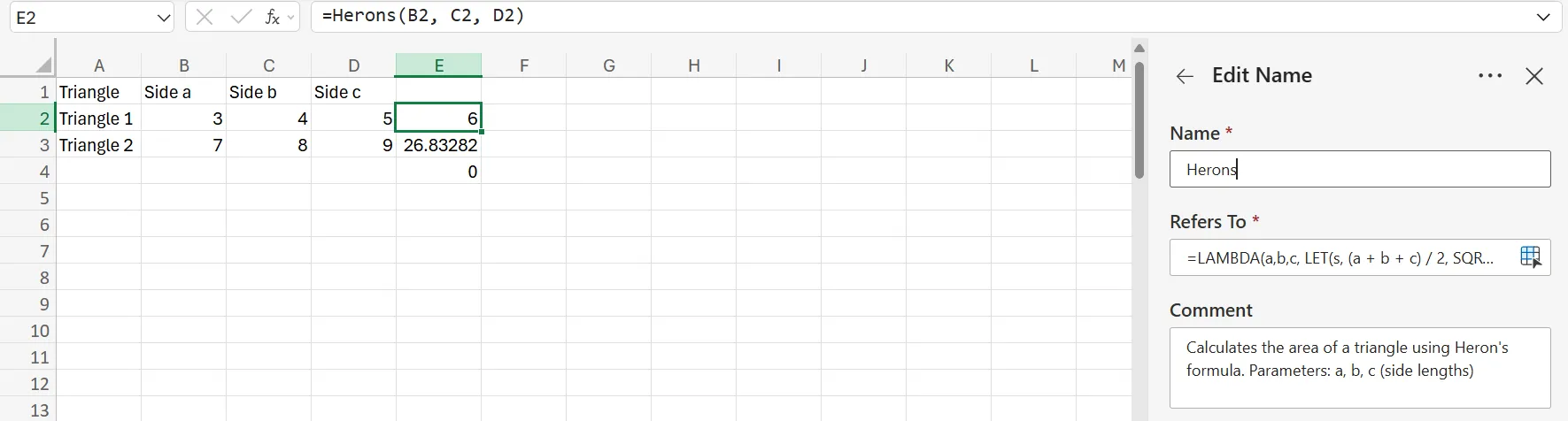 Áp dụng LAMBDA và LET để tính diện tích tam giác bằng công thức Heron trong Excel