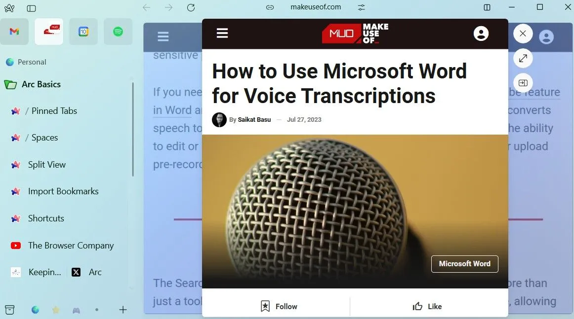 Arc browser hiển thị xem trước liên kết trong cửa sổ pop-up