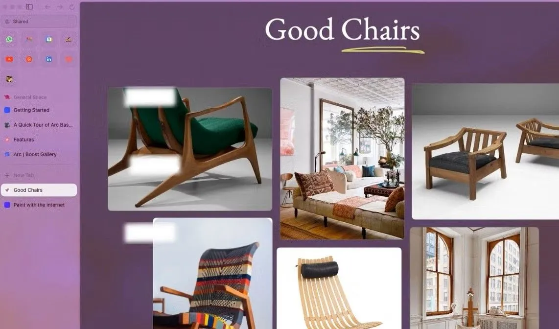 Arc Easel hiển thị bảng trắng với các hình ảnh ghế và ghi chú