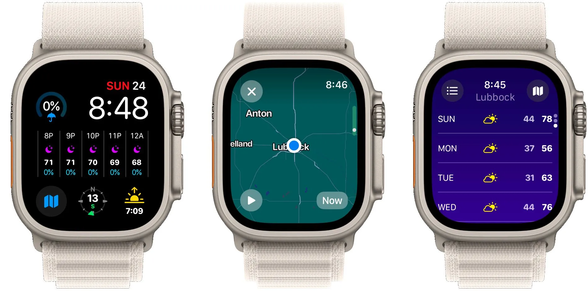 Ba màn hình ứng dụng Carrot Weather trên Apple Watch hiển thị dữ liệu thời tiết chi tiết