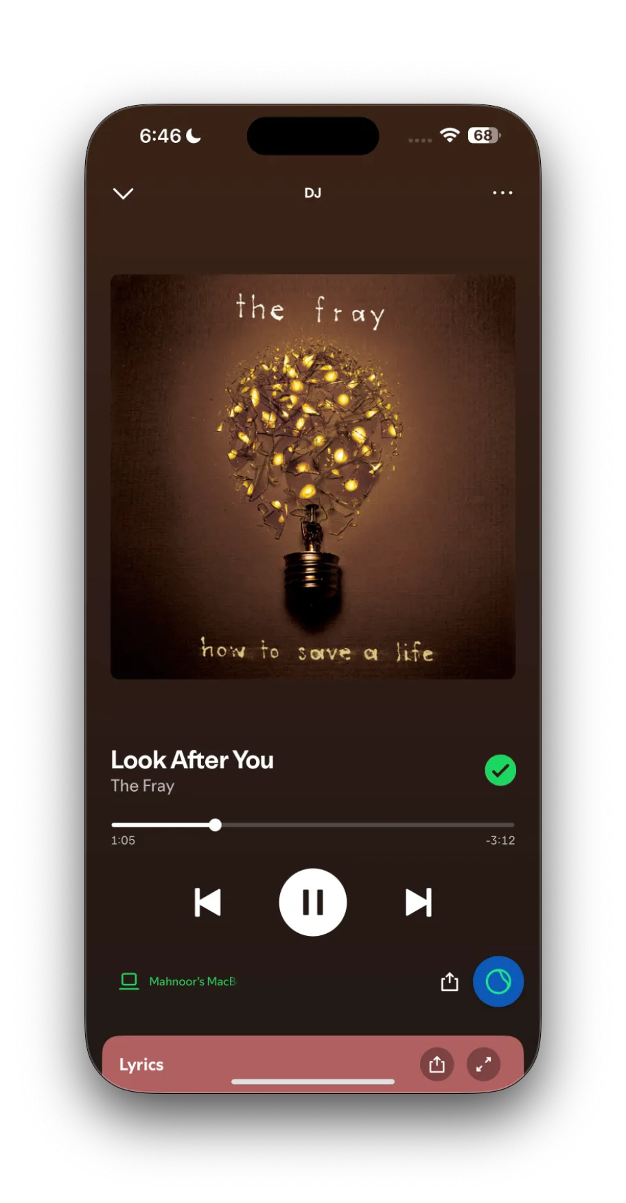 Bài hát Look After You của The Fray đang phát trên ứng dụng Spotify