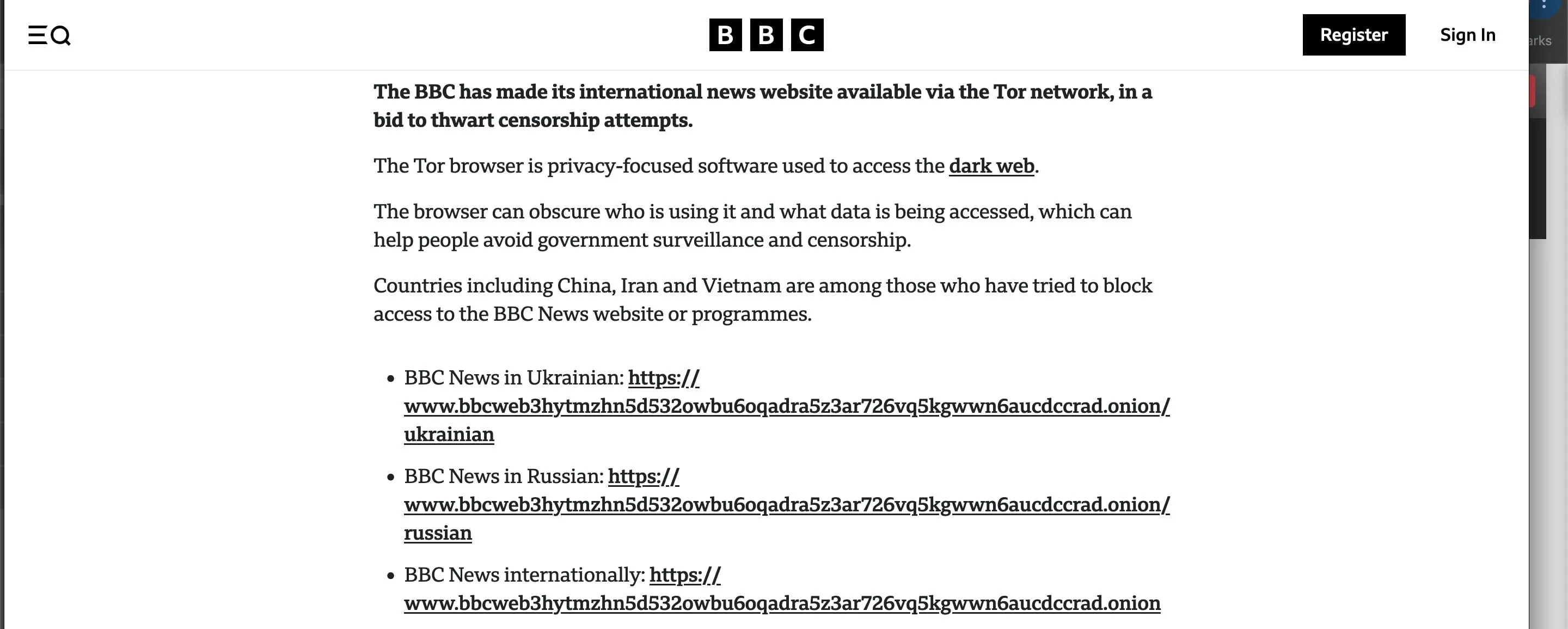 Bài viết của BBC hiển thị các địa chỉ .onion chính thức, ví dụ về việc xác minh nguồn tin cậy trên Dark Web