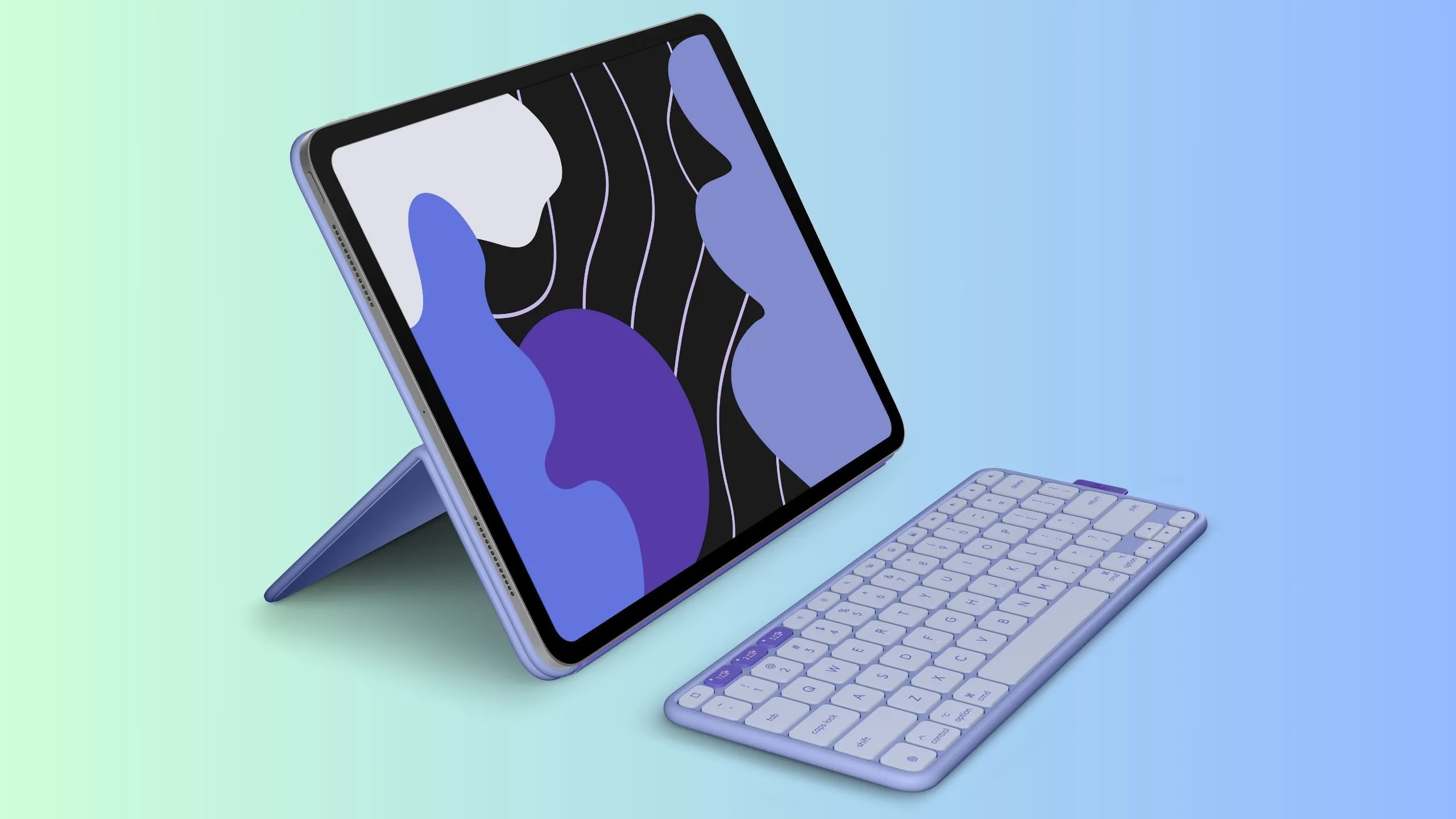 Bàn phím Logitech Flip Folio màu Lilac (tím nhạt) nổi bật, thể hiện sự đa dạng lựa chọn màu sắc cá tính cho người dùng iPad.