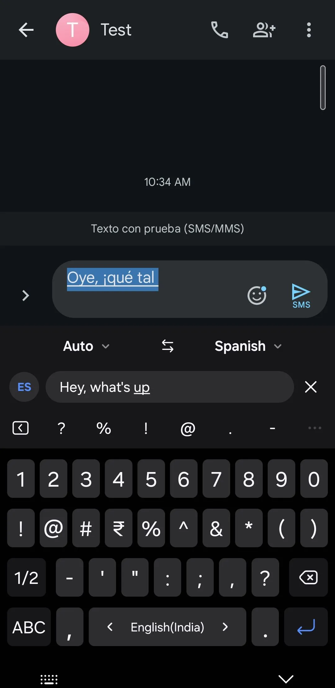 Bàn phím Samsung dịch văn bản từ tiếng Anh sang tiếng Tây Ban Nha bằng tính năng dịch chat của Galaxy AI