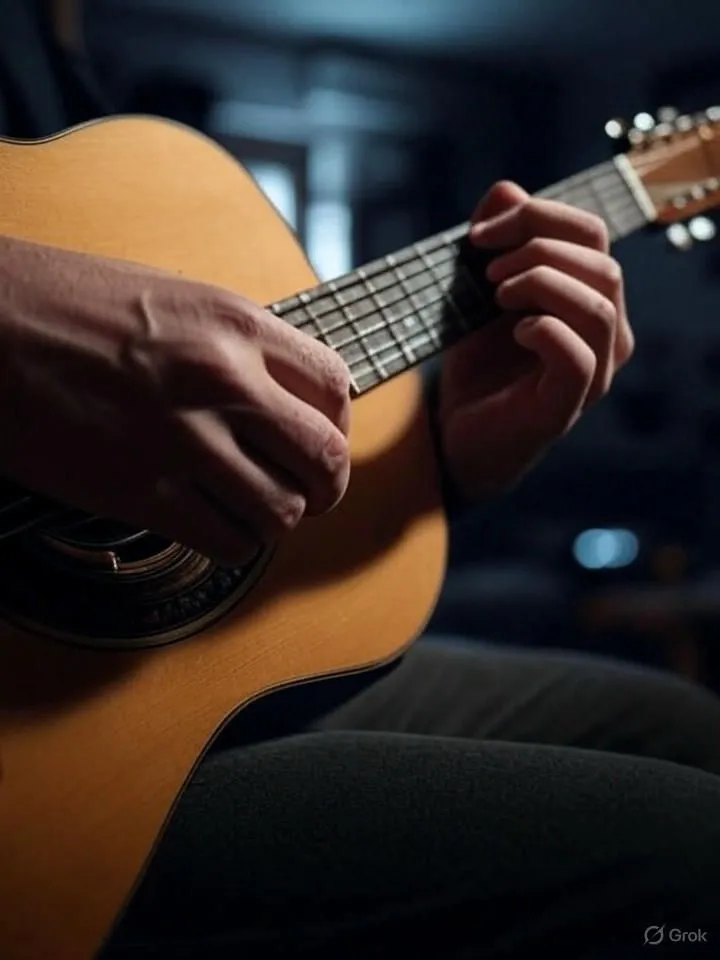 Bàn tay chơi guitar với các ngón tay bị biến dạng và không tự nhiên do AI tạo