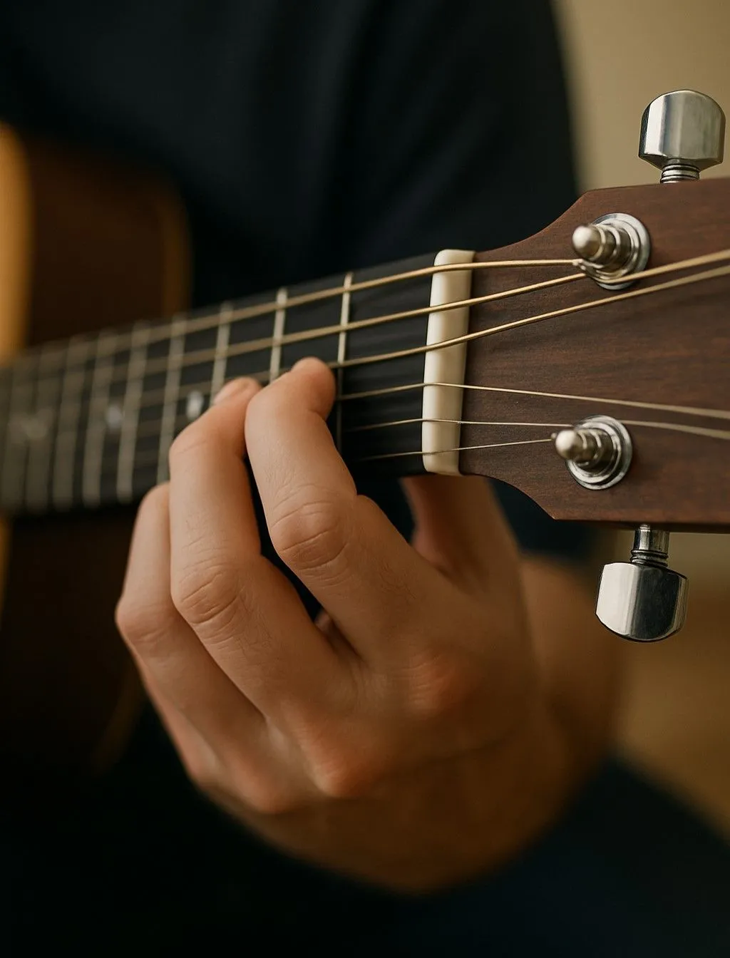 Bàn tay người chơi hợp âm E thứ trên đàn guitar acoustic do ChatGPT 4o tạo ra, trông rất chân thực