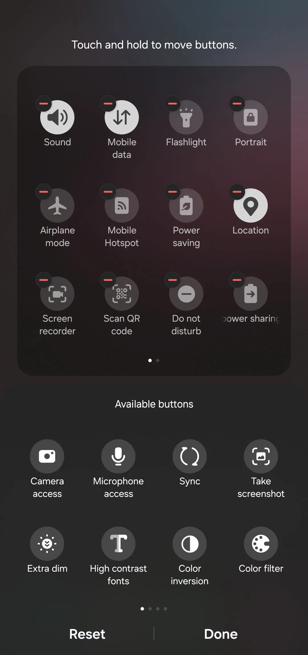 Bảng cài đặt nhanh (Quick Settings) trên Android ở chế độ chỉnh sửa, hiển thị các biểu tượng có thể kéo và sắp xếp để tùy chỉnh.