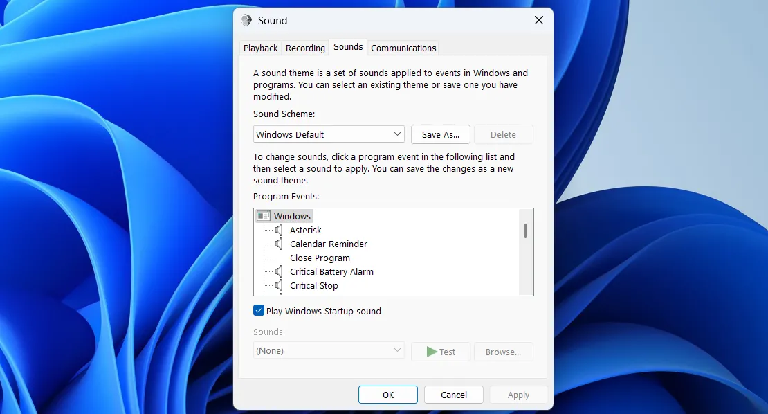Bảng điều khiển cài đặt âm thanh cổ điển (mmsys.cpl) trên Windows 11 cho phép cấu hình thiết bị âm thanh