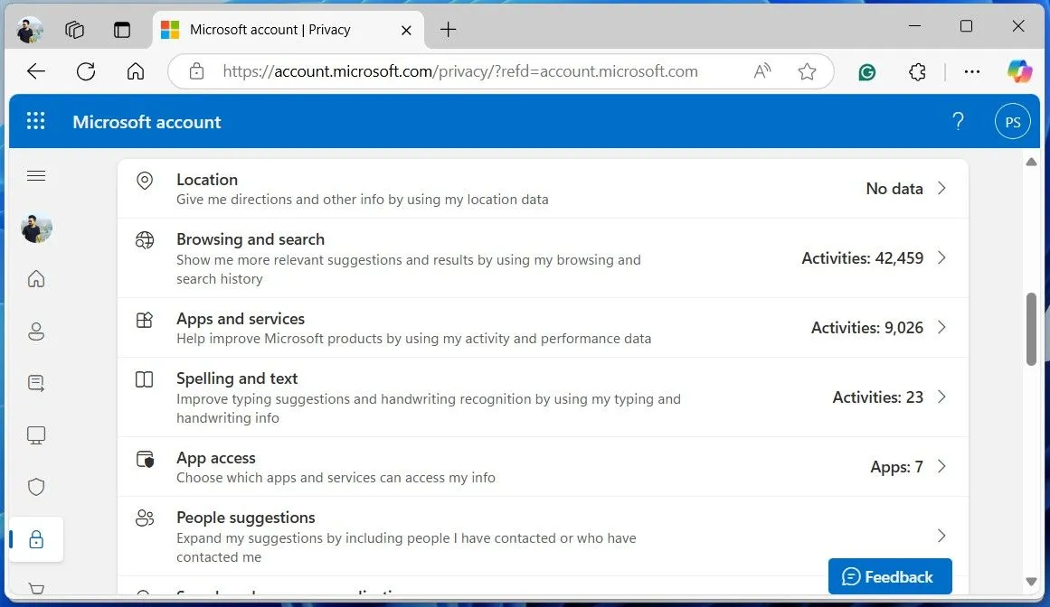 Bảng điều khiển quyền riêng tư Microsoft trong cửa sổ trình duyệt web