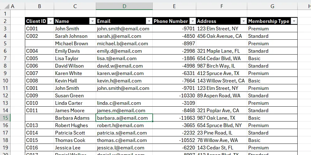 Bảng dữ liệu khách hàng Excel có ô trống chưa được đánh dấu