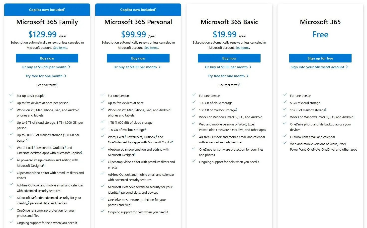 Bảng giá các gói đăng ký Microsoft 365 cùng dung lượng OneDrive