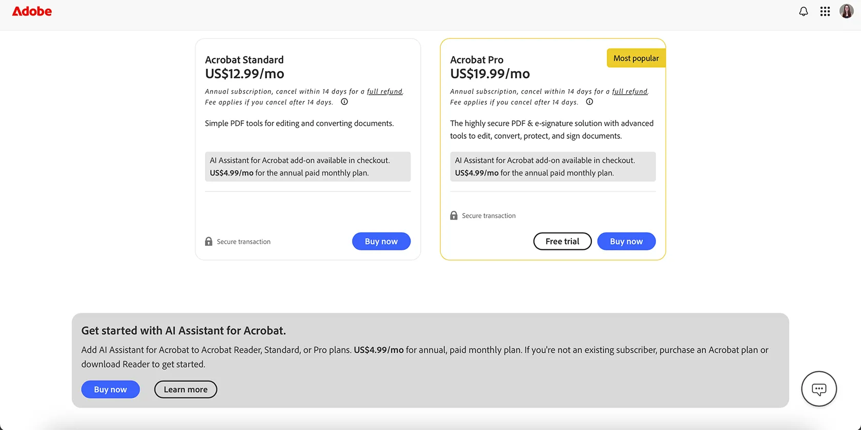 Bảng giá của tính năng Adobe Acrobat AI Assistant