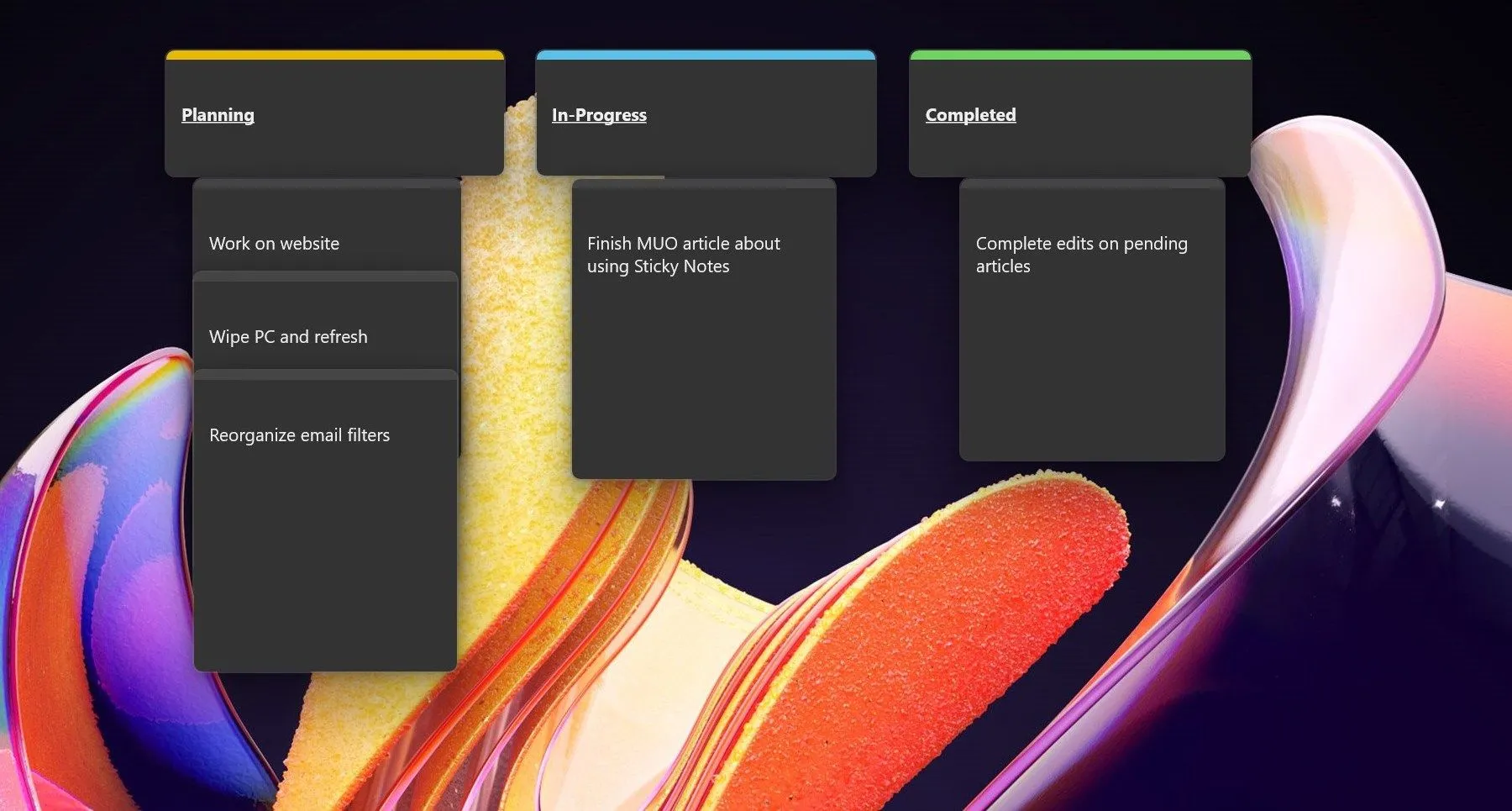 Bảng Kanban điện tử được tạo từ Sticky Notes trên desktop Windows