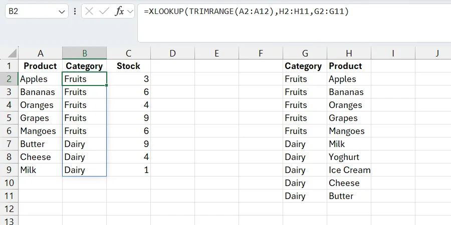 Bảng tính Excel hiển thị hàm XLOOKUP không còn lỗi #N/A sau khi kết hợp với hàm TRIMRANGE.