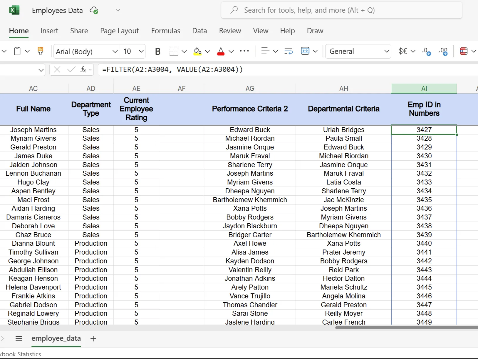 Bảng tính Excel minh họa chuyển đổi ID nhân viên từ định dạng văn bản sang số bằng hàm VALUE trước khi lọc.