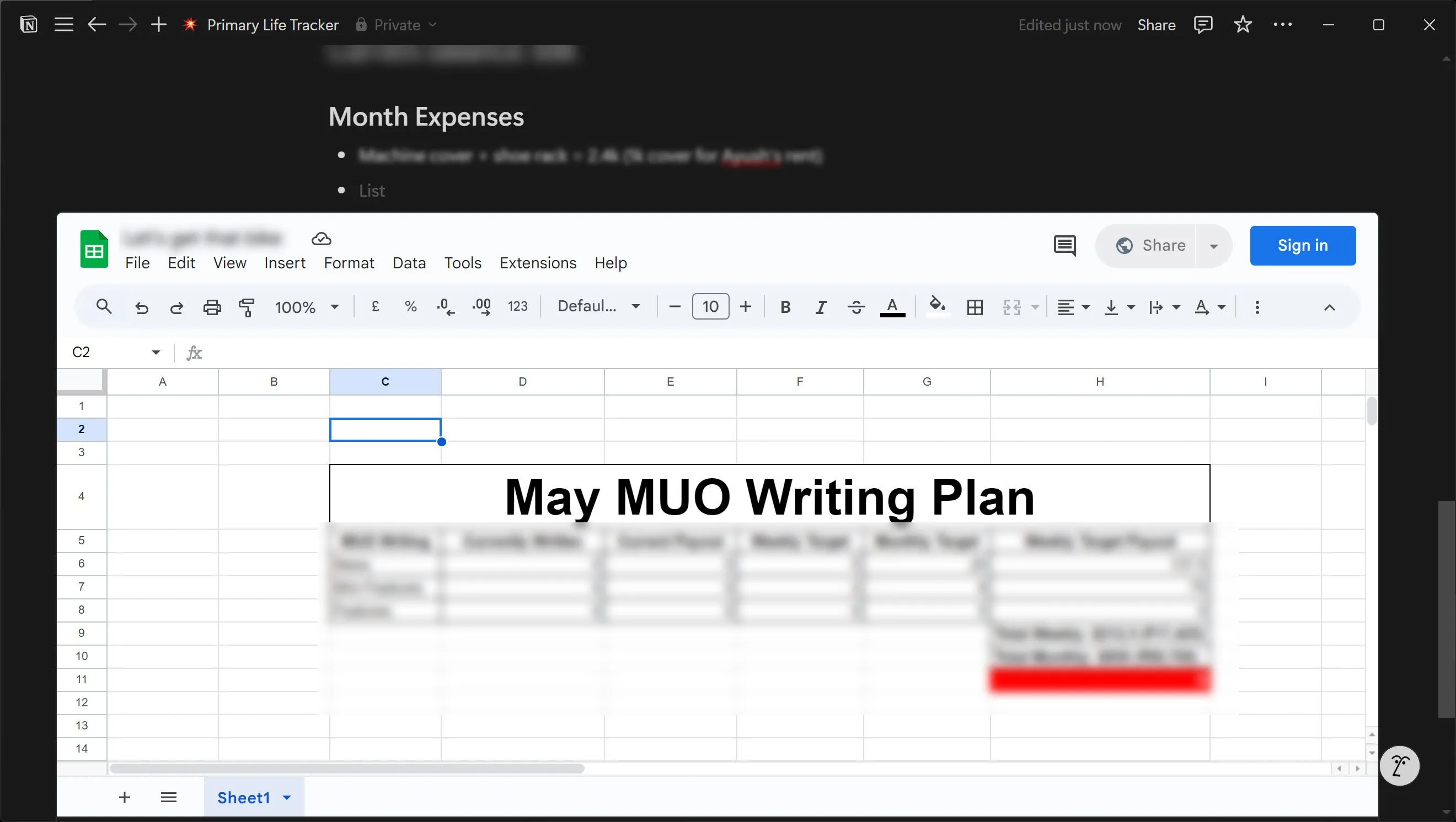 Bảng tính Google Sheets được nhúng trực tiếp trong trang Notion