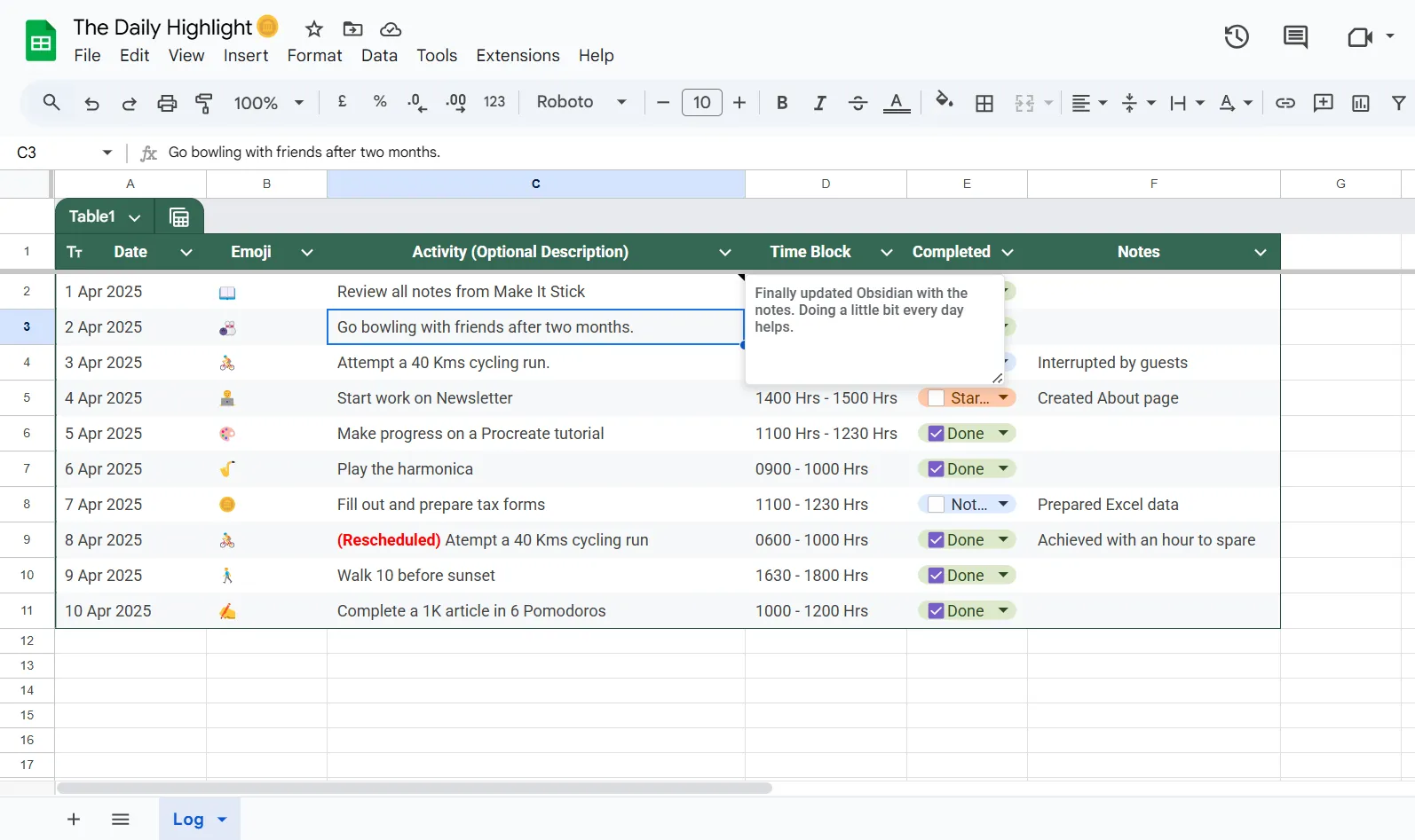 Bảng tính Google Sheets minh họa phần &quot;Điểm nhấn hàng ngày&quot; (My Daily Highlight) với các mục được phân loại là khẩn cấp, hài lòng hoặc vui vẻ, giúp ưu tiên công việc hiệu quả.