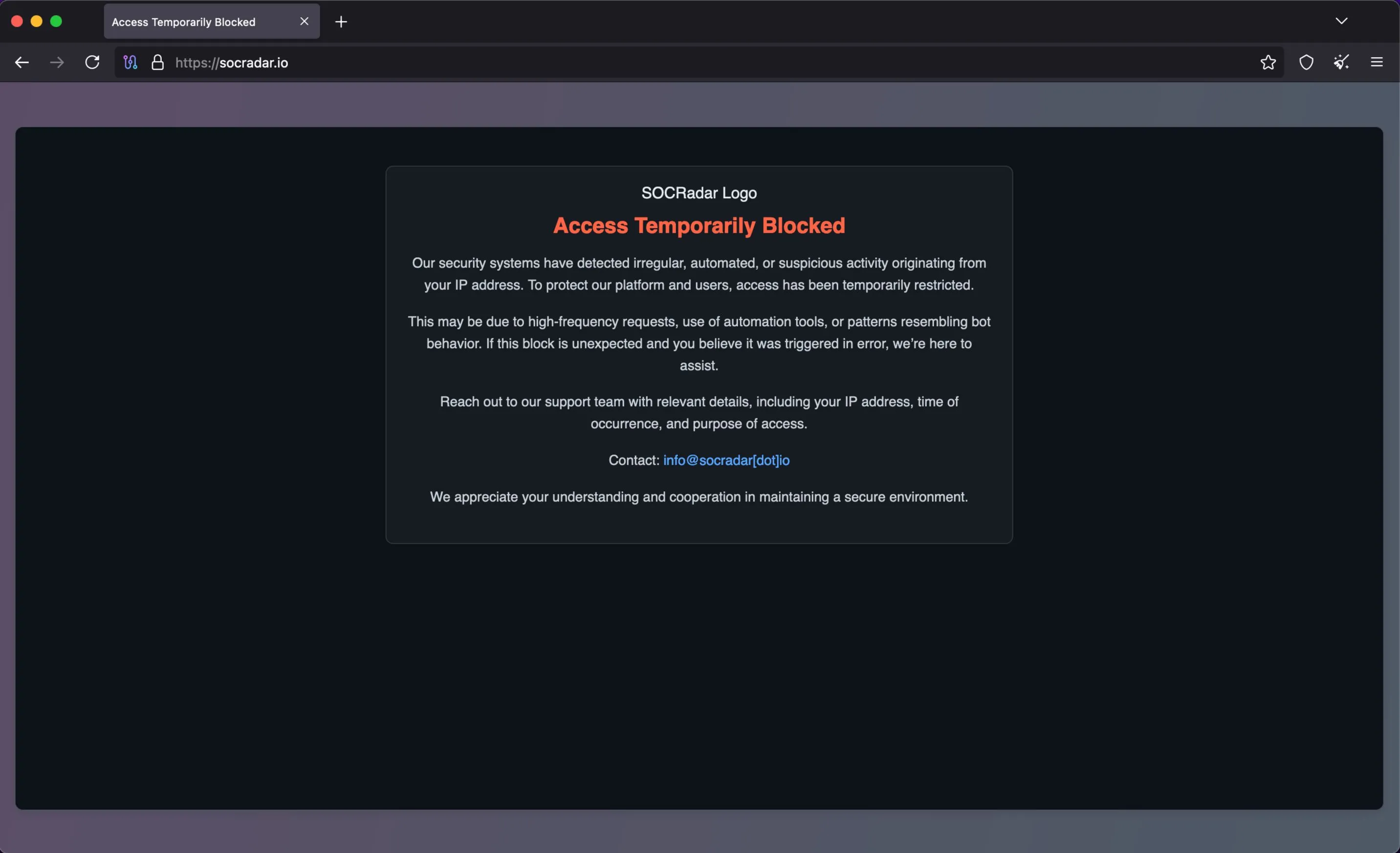Banner cảnh báo hoặc hạn chế truy cập từ socradar.io khi người dùng cố gắng vào trang web bằng trình duyệt Tor, cho thấy một số trang web chặn kết nối Tor.