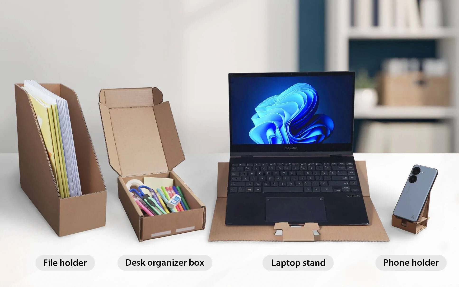 Bao bì thân thiện môi trường của màn hình Asus VU Air Ionizer có thể tái sử dụng thành phụ kiện bàn làm việc.