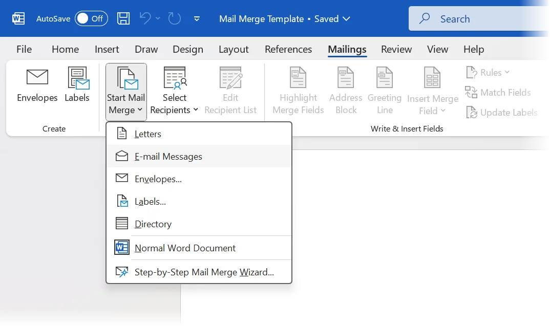 Bắt đầu quy trình Mail Merge trong Word trên tab Thư tín