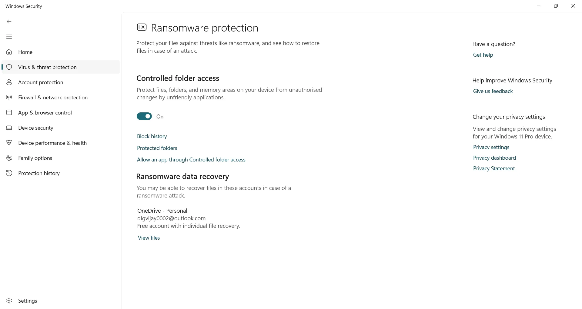 Bật Kiểm soát truy cập thư mục trong cài đặt bảo vệ ransomware của Windows Security