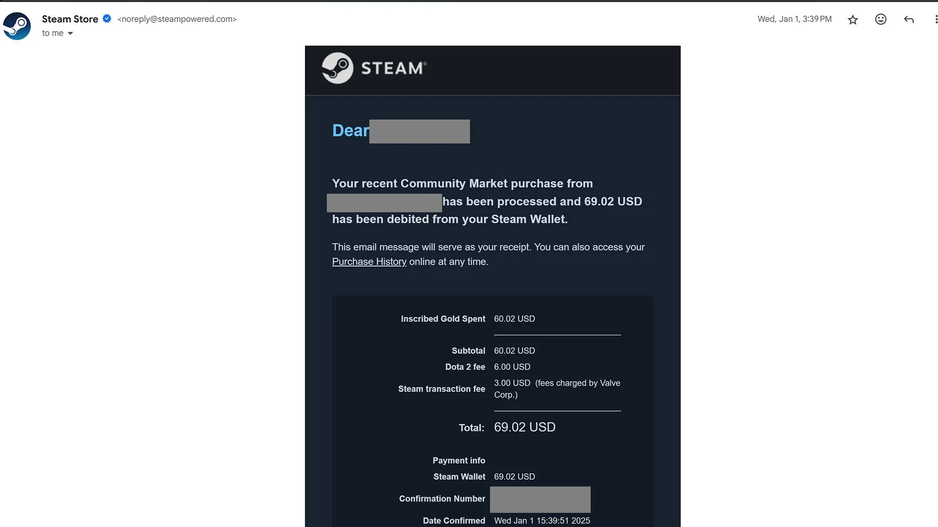 Biên lai giao dịch Chợ Cộng đồng Steam qua email, che thông tin người gửi và người nhận