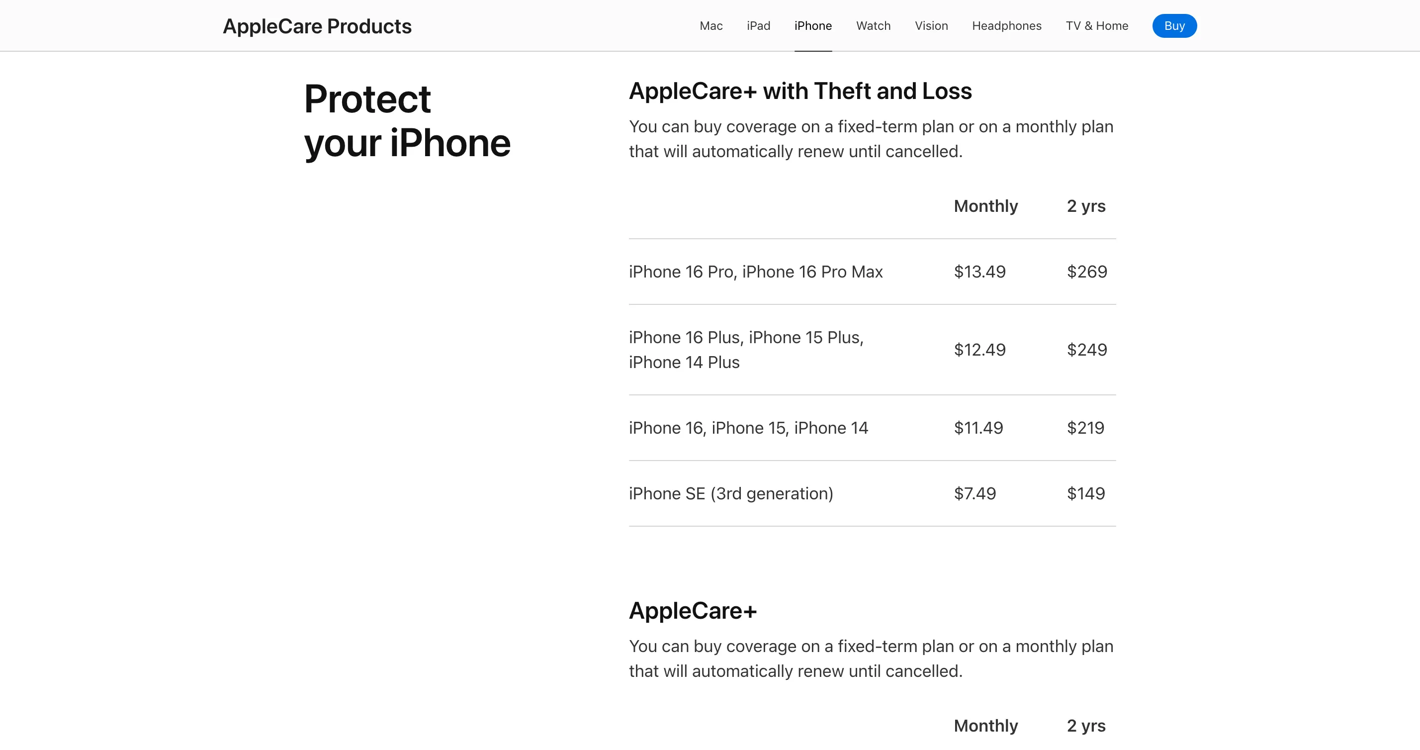 Biểu đồ giá các gói AppleCare+ cho từng dòng iPhone, minh họa chi phí bảo hành mở rộng.