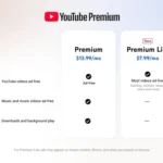 Biểu đồ so sánh các gói đăng ký YouTube Premium Lite và YouTube Premium, minh họa sự khác biệt về tính năng và giá cả.