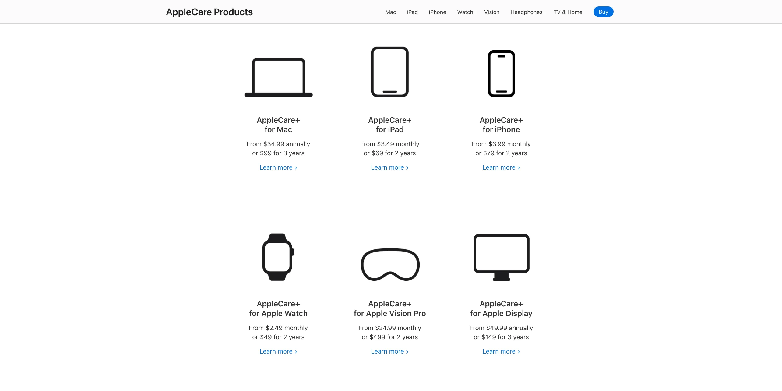 Biểu đồ so sánh các sản phẩm AppleCare+ và mức giá tương ứng cho các thiết bị Apple khác nhau