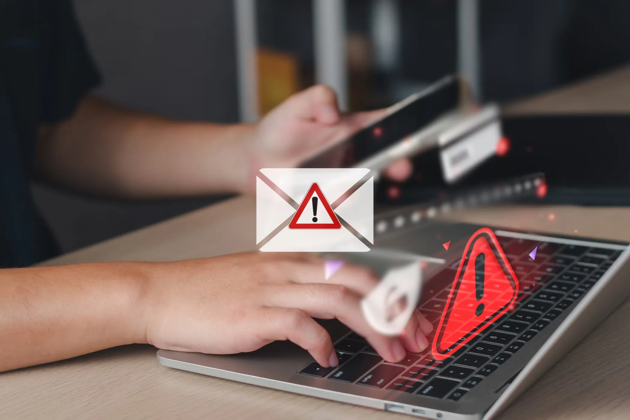 Biểu tượng email lừa đảo (phishing) và người dùng chặn email trên laptop, minh họa nguy cơ lừa đảo trên dark web.