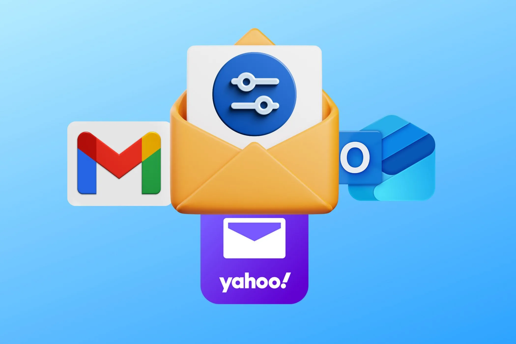 Biểu tượng email với bộ lọc cùng logo Gmail, Yahoo Mail và Outlook, minh họa cho việc sử dụng email phụ để mua sắm ẩn danh.