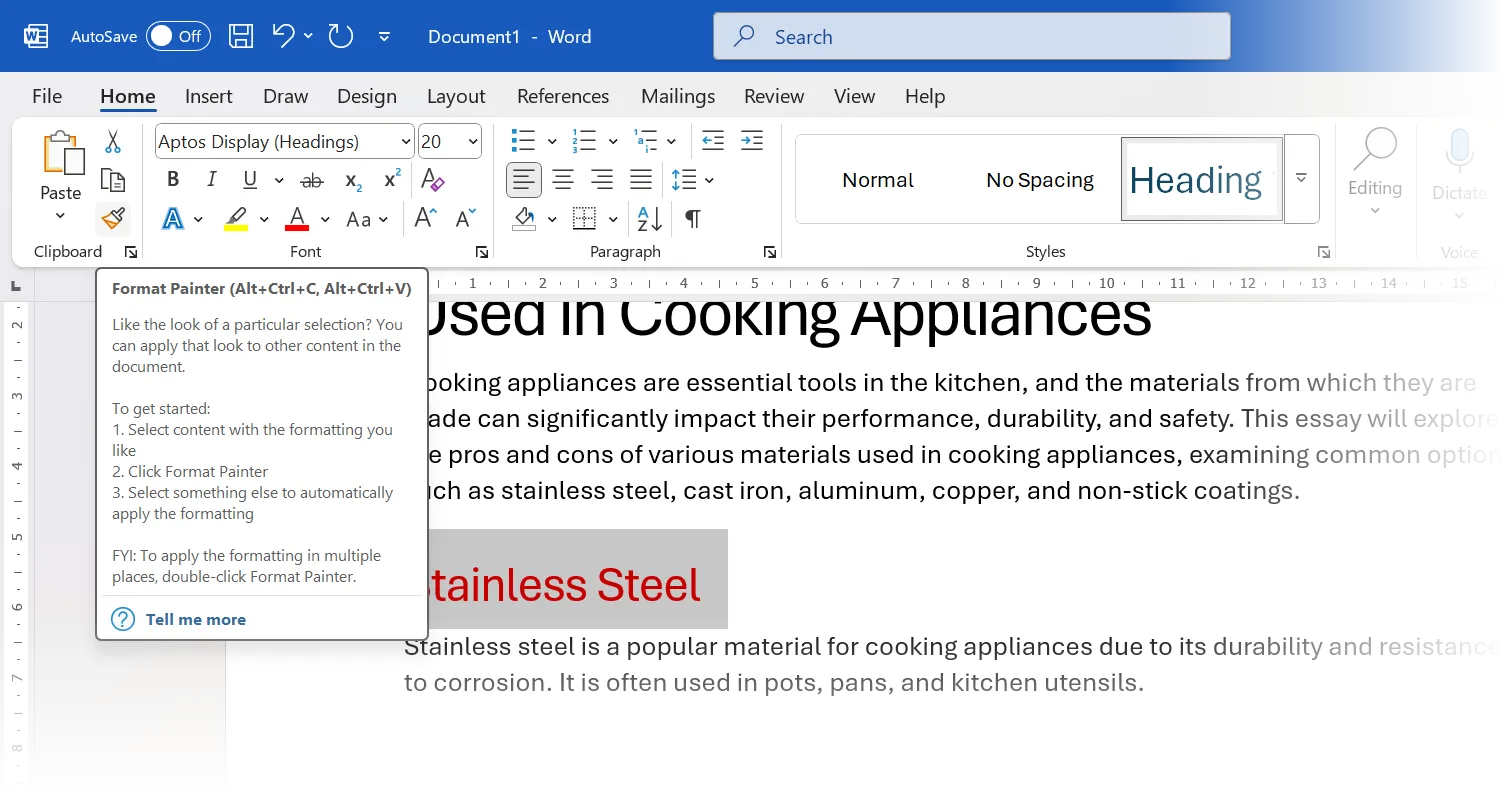 Biểu tượng Format Painter trên thanh công cụ Home của Microsoft Word giúp sao chép định dạng nhanh chóng.