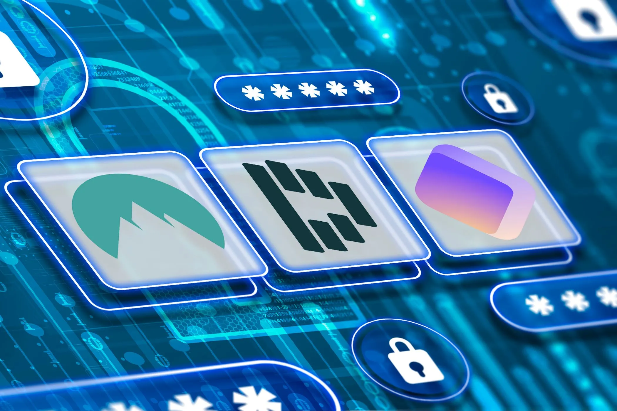 Biểu tượng NordPass, Dashlane và Proton Pass cùng các biểu tượng mật khẩu, ổ khóa, minh họa tính bảo mật của trình quản lý mật khẩu.