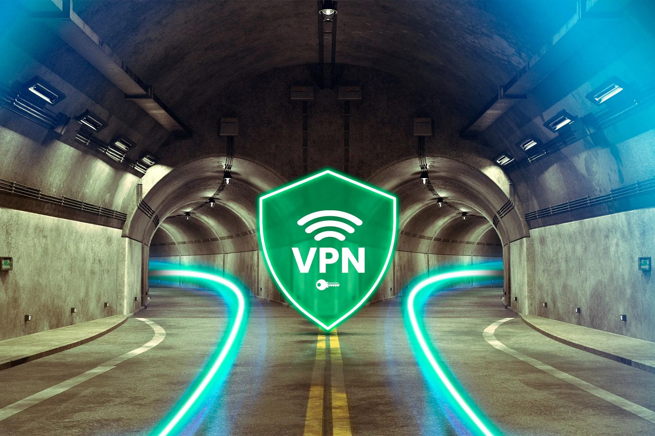 Biểu tượng VPN trên đường hầm ảo, thể hiện tính năng bảo mật và quyền riêng tư khi kết nối internet.