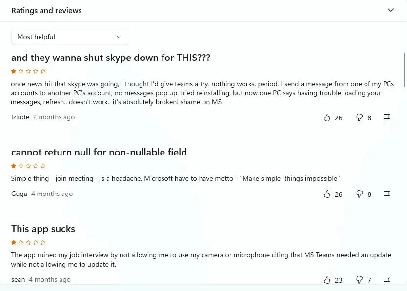 Bình luận và đánh giá tiêu cực của người dùng về Microsoft Teams trên Microsoft Store