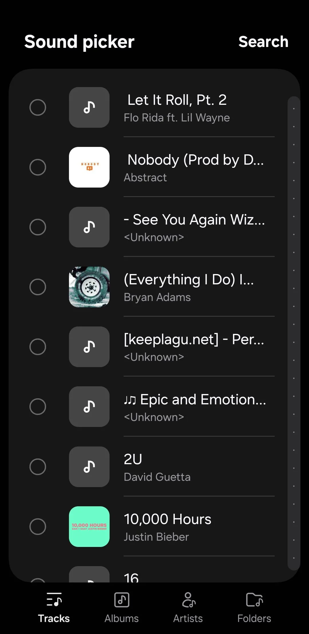 Bộ chọn âm thanh trong ứng dụng Samsung Studio trên điện thoại Galaxy