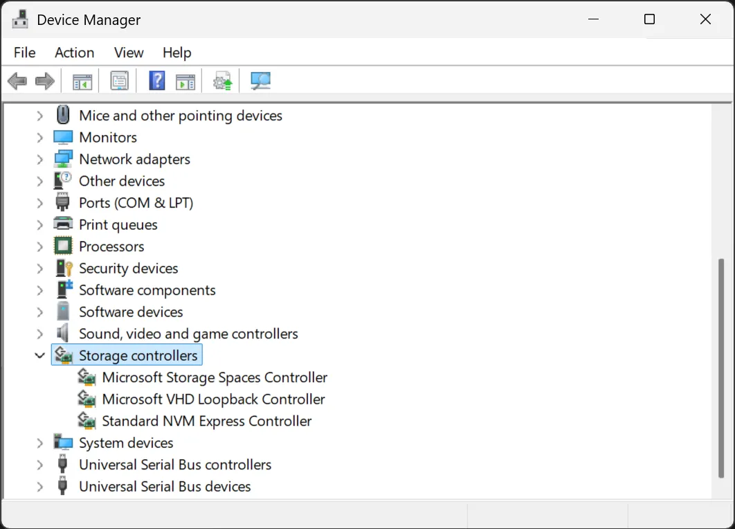 Bộ điều khiển lưu trữ được đánh dấu trong Device Manager trên Windows