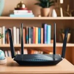 Bộ định tuyến Wi-Fi hiện đại với ăng-ten, biểu tượng của sự kết nối mạng gia đình ổn định và an toàn