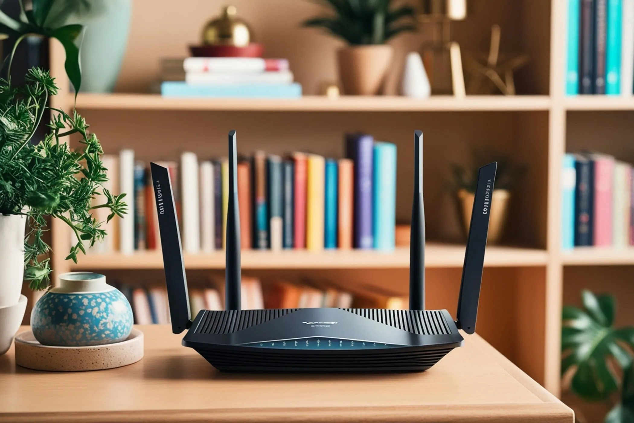 Bộ định tuyến Wi-Fi hiện đại với ăng-ten, biểu tượng của sự kết nối mạng gia đình ổn định và an toàn