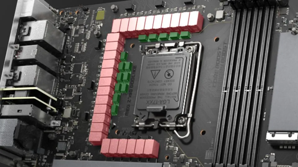 Bo mạch chủ MSI MEG Z790 với các mô-đun VRM (Voltage Regulator Modules) được đánh dấu màu đỏ, cho thấy thiết kế cấp nguồn mạnh mẽ