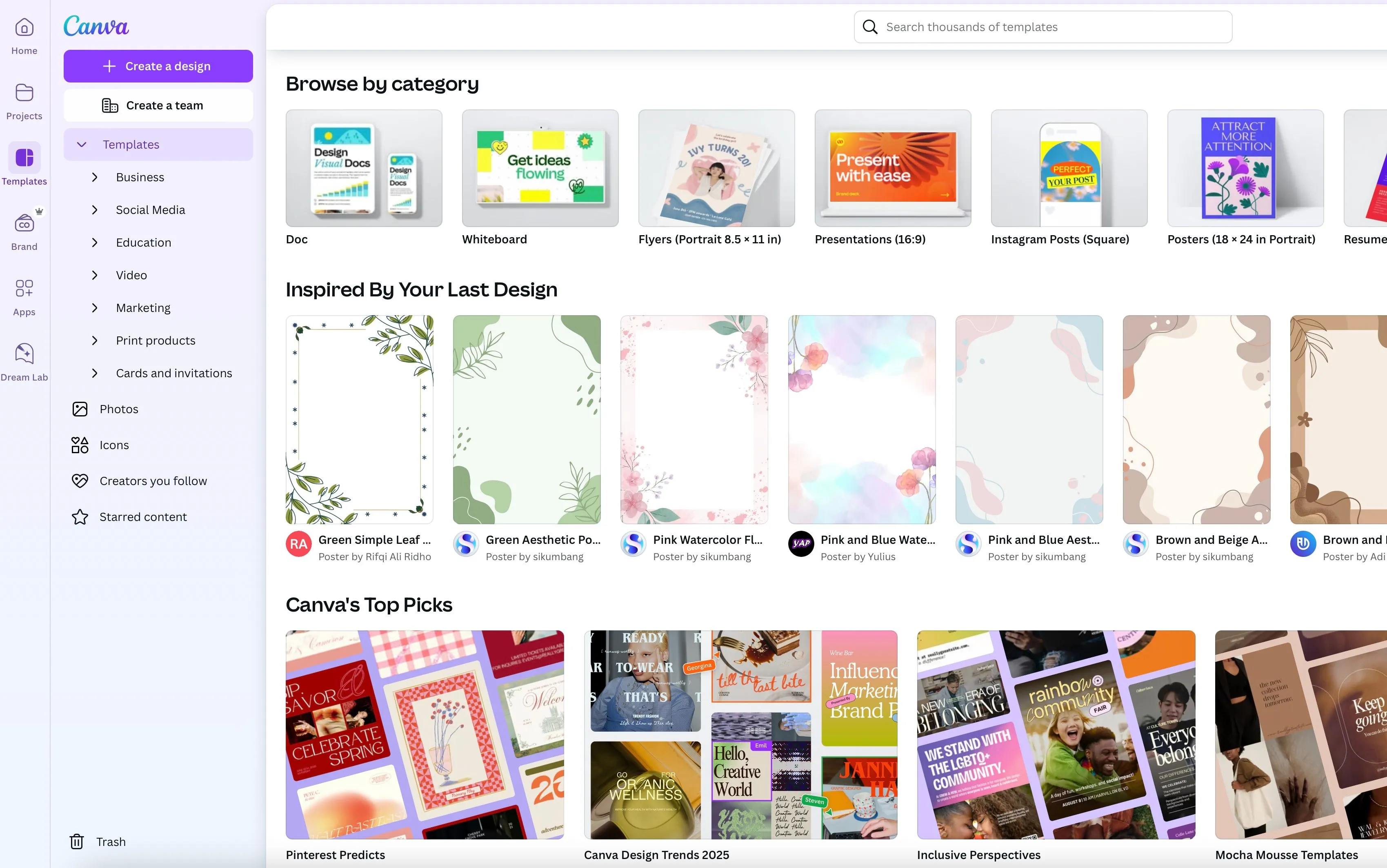 Bộ sưu tập các mẫu template đa dạng trong Canva, thể hiện sự tiện lợi cho người dùng không chuyên nhưng có thể hạn chế tư duy thiết kế độc lập.